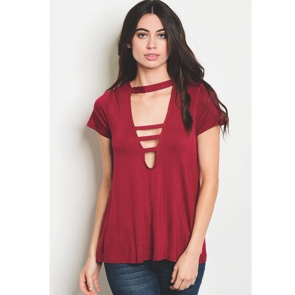 2 LEFT Burgundy Red Short Sleeve Deep V Choker Tee - Picture 2 of 4